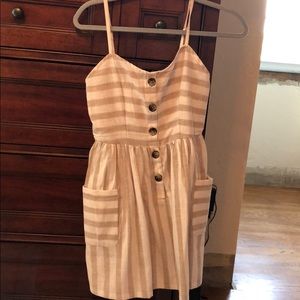 Cream and tan striped dress button detail